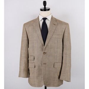 Kent & Curwen Sport Coat 44S Tan Brown Blue Glen Plaid Silk Linen Blazer Italy